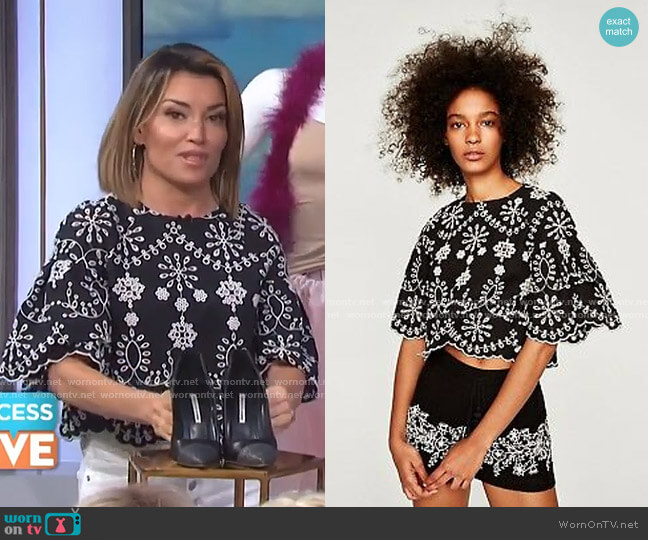 Zara Top with Schiffli Embroidery worn by Kit Hoover on Access Hollywood