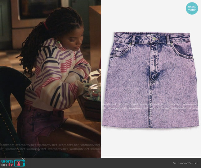 Topshop Purple Acid Wash Mini Skirt worn by Skylar Forster (Halle Bailey) on Grown-ish