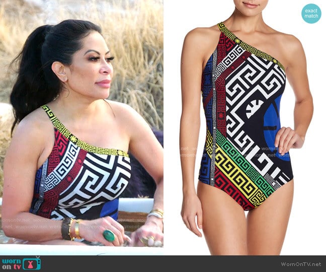 Versace Colorblock Print One Shoulder One-piece Swimsuit worn by Jen Shah on The Real Housewives of Salt Lake City