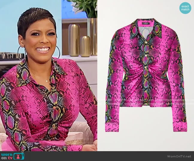Versace Ruched snake-print jersey blouse worn by Tamron Hall on Tamron Hall Show