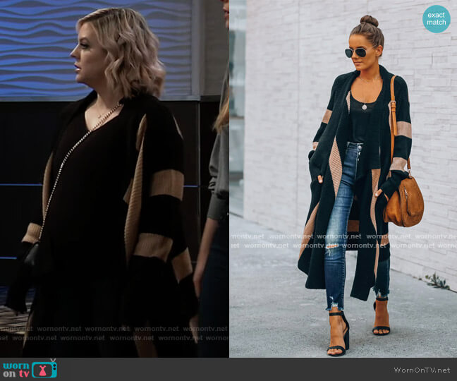 Vici Edmonton Pocketed Striped Knit Cardigan worn by Maxie Jones (Kirsten Storms) on General Hospital