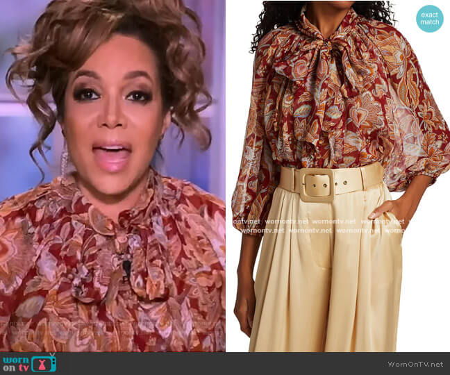 Zimmermann Ladybeetle Paisley Floral Tie-Neck Silk Blouse worn by Sunny Hostin on The View