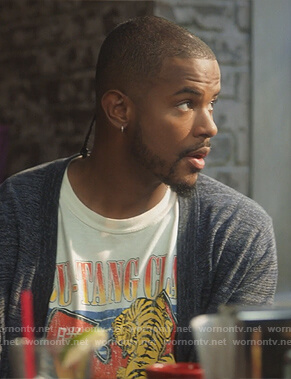Aaron’s white Wu-Tang Clan graphic tee on Grown-ish