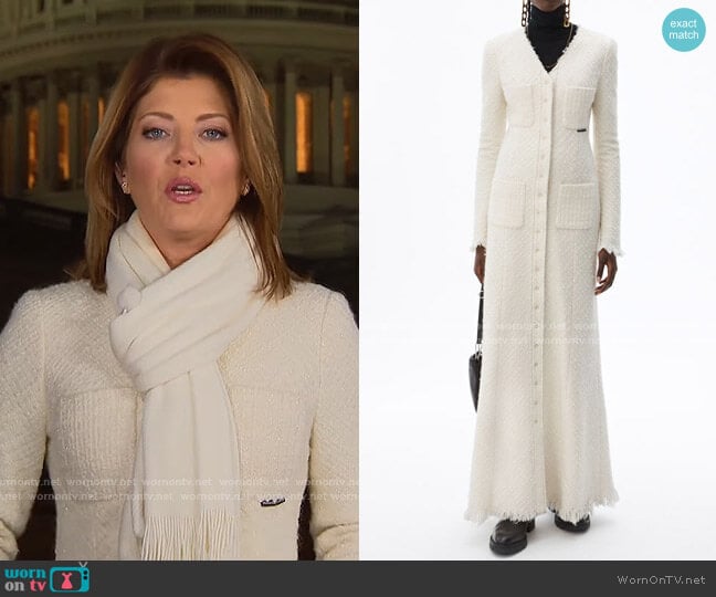 Alexander Wang Frayed Tweed Maxi Coat Dress worn by Norah O'Donnell on CBS Evening News