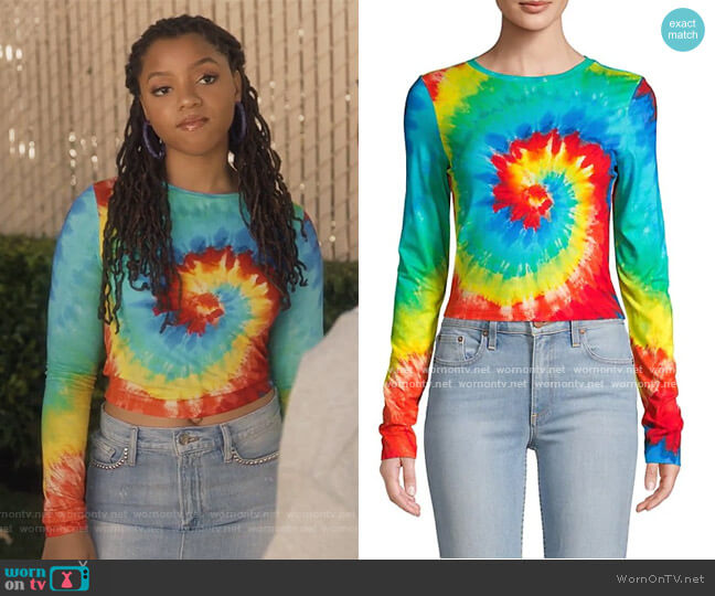 Alice + Olivia Delaina Rainbow Tie Dye Crew Top worn by Jazlyn Forster (Chloe Bailey) on Grown-ish