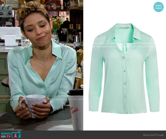 Alice + Olivia Hope Button Down Blouse in Mint worn by Elena Dawson (Brytni Sarpy) on The Young and the Restless