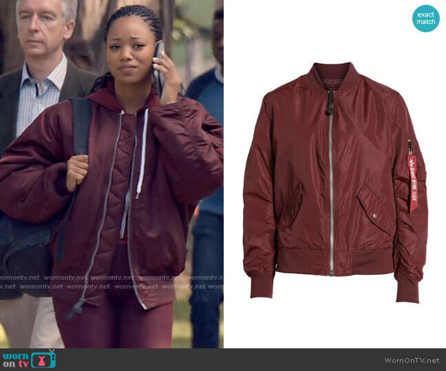 Alpha Industries MA-1 Bomber Jacket worn by Neveah Stroyer (Kylie Jefferson) on Tiny Pretty Things