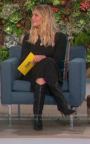 Amanda Kloots’s black knitted asymmetric dress on The Talk