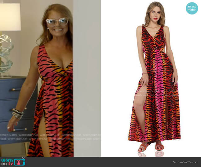 America & Beyond Rainbow Tiger Print Maxi Dress worn by Brandi Redmond on The Real Housewives of Dallas