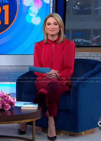 Amy’s red keyhole blouse and velvet pants on Good Morning America