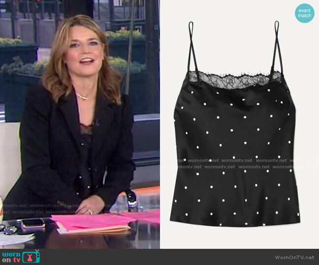 Anine Bing Monroe Lace-Trimmed Polka-Dot Camisole worn by Savannah Guthrie on Today