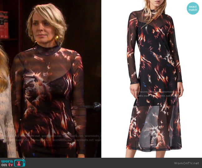 All Saints Hanna Flames Mesh A-Line Midi Dress worn by Nicole Walker (Arianne Zucker) on Days of our Lives
