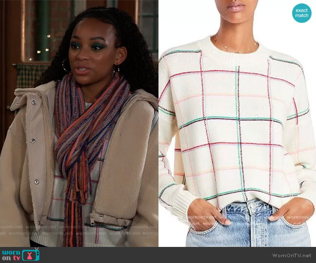 Aqua Cashmere Plaid Crewneck Cashmere Sweater worn by Trina (Sydney Mikayla) on General Hospital