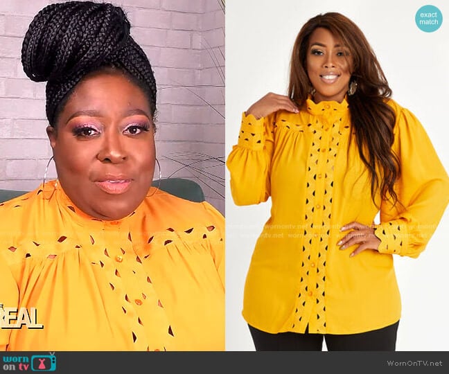 Ashley Stewart Scalloped Grosgrain Trim Button Up worn by Loni Love on The Real
