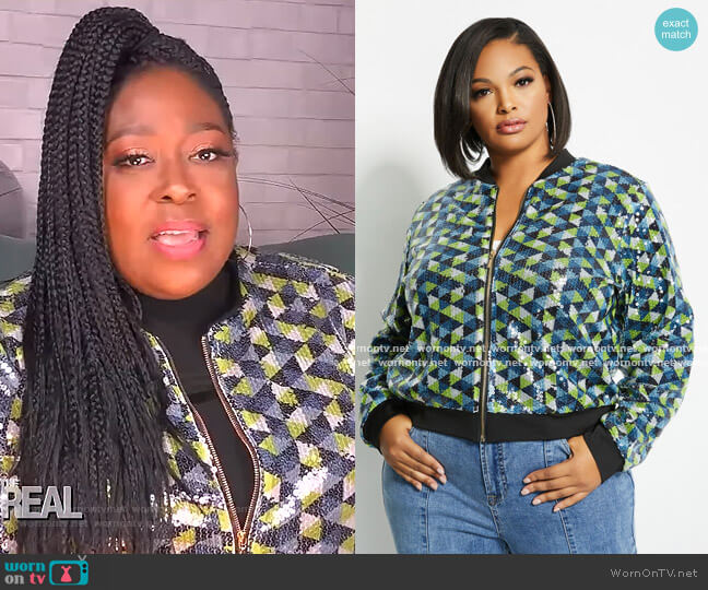 Ashley Stewart Sequin Bomber Jacket worn by Loni Love on The Real
