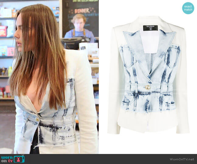 Balmain Denim and Crepe Blazer with Gold-Tone Buttons worn by Meredith Marks on The Real Housewives of Salt Lake City