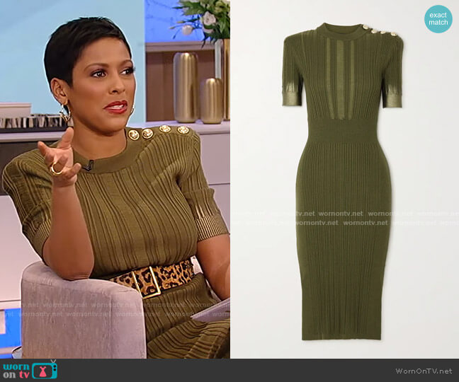 Balmain Button-Embellished Metallic Ribbed Midi Dress worn by Tamron Hall on Tamron Hall Show
