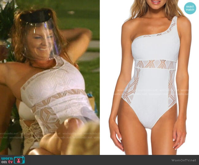 Becca Color Play Asymmetrical One-Piece Swimsuit worn by Brandi Redmond on The Real Housewives of Dallas