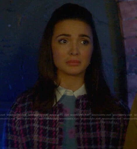 Bess’s floral sweater and plaid tweed jacket on Nancy Drew