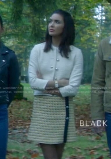 Bess’s white tweed jacket and mini skirt on Nancy Drew