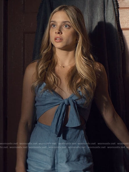 Bette’s chambray cutout romper with front tie on Tiny Pretty Things