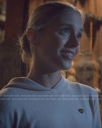 Bette’s hoodie with rainbow heart on Tiny Pretty Things