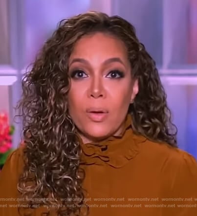 Sunny’s brown ruffle neck blouse on The View