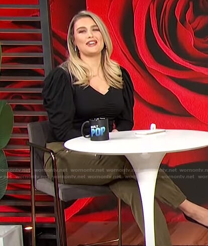 Carissa’s black puff sleeve ruched top on E! News Daily Pop