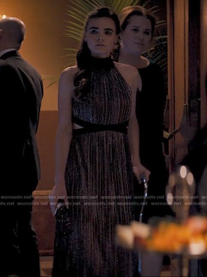 Cassie’s metallic dress with cutouts on Tiny Pretty Things