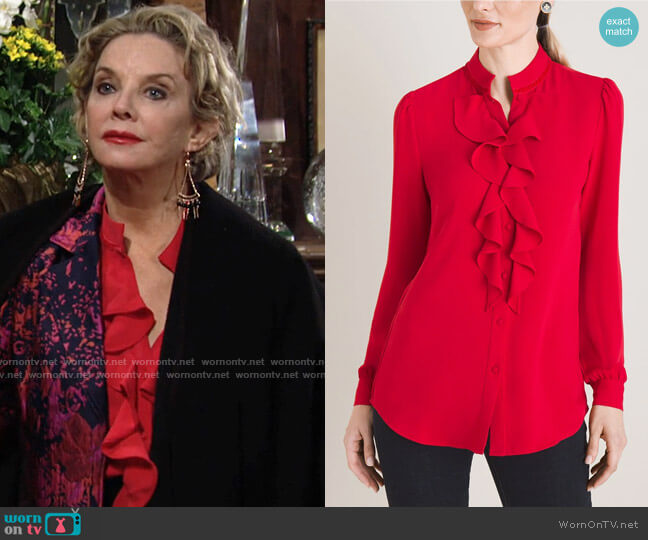 Chicos Ruffle Front Blouse in Stiletto worn by Gloria Abbott Bardwell (Judith Chapman) on The Young and the Restless