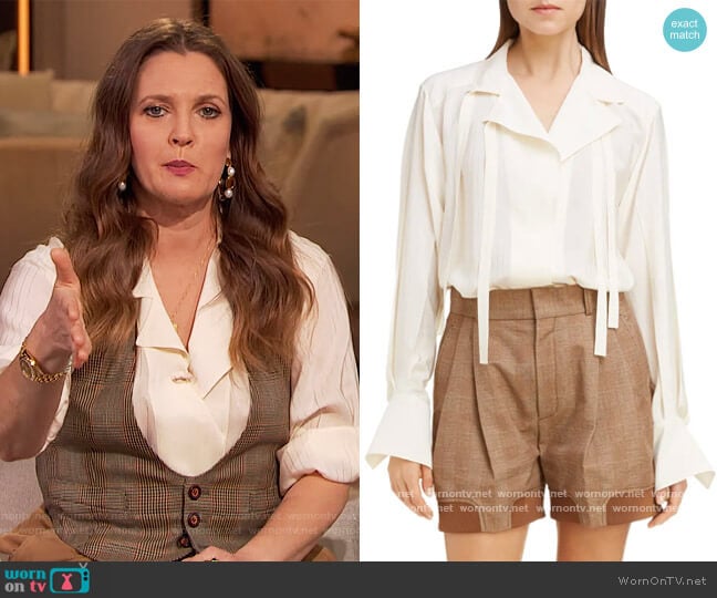 Chloe Double Tie Stripe Silk Jacquard Blouse worn by Drew Barrymore on The Drew Barrymore Show