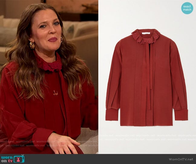 Chloe Embroidered tie-neck silk blouse worn by Drew Barrymore on The Drew Barrymore Show