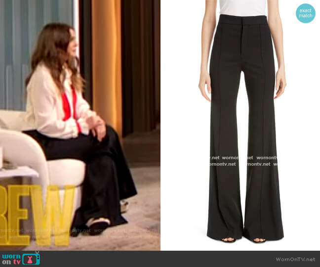 Chloe Side Stripe Pintucked Stretch Wool Flare Pants worn by Drew Barrymore on The Drew Barrymore Show