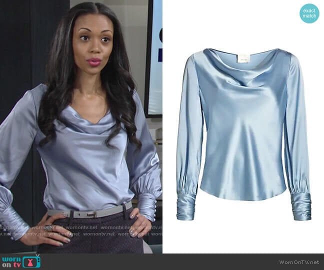 Cinq a Sept Taylee Blouse in Cloudy Day worn by Amanda Sinclair (Mishael Morgan) on The Young and the Restless