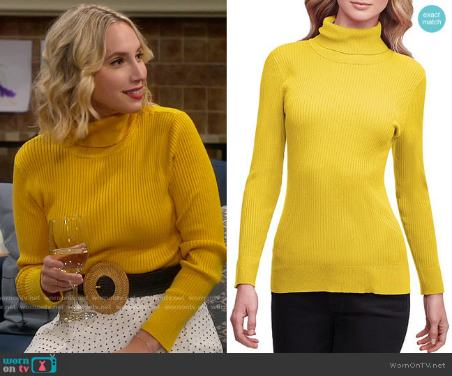 DKNY Solid Ribbed Knit Long Sleeve Turtleneck Top worn by Mandy Baxter (Molly McCook) on Last Man Standing