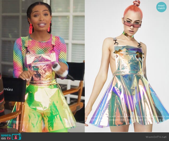Dolls Kill Space Gurl Hologram Overall Dress worn by Zoey Johnson (Yara Shahidi) on Grown-ish