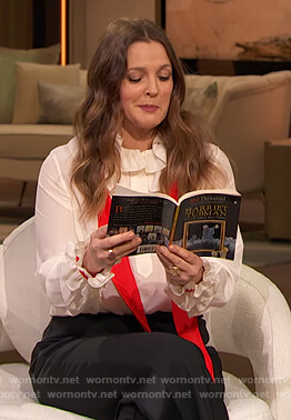 Drew’s white ruffle blouse with scarf on The Drew Barrymore Show