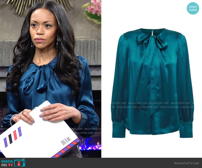 Elie Tahari Bali Blouse in Petrol worn by Amanda Sinclair (Mishael Morgan) on The Young and the Restless