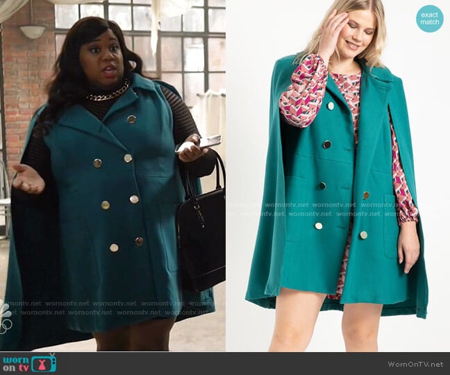 Eloquii Double Breasted Cape Coat worn by Mo (Alex Newell) on Zoeys Extraordinary Playlist