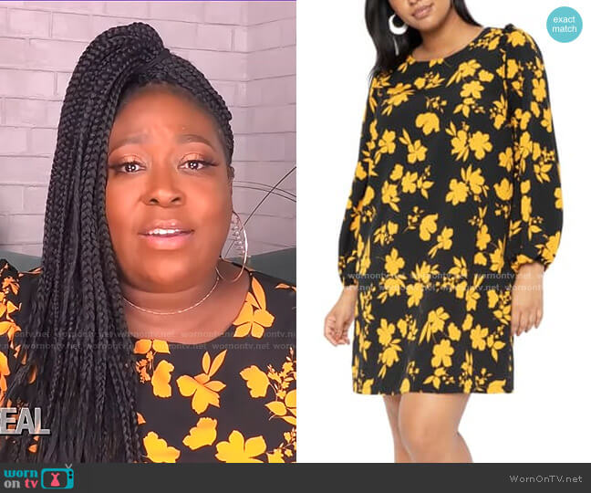 Eloquii Floral Ruffle Long Sleeve Crepe Shift Dress worn by Loni Love on The Real
