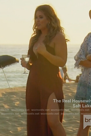 Emily’s burgundy maxi dress with slits on The Real Housewives of Orange County
