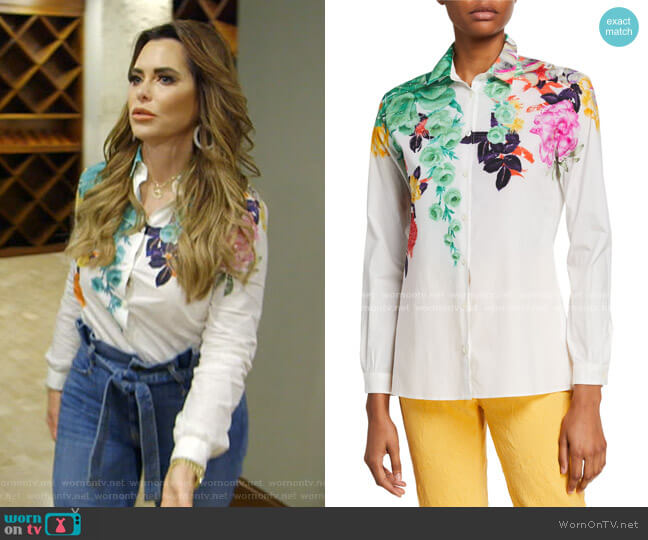 Etro Bouquet-Print Cotton Poplin Shirt worn by D’Andra Simmons on The Real Housewives of Dallas