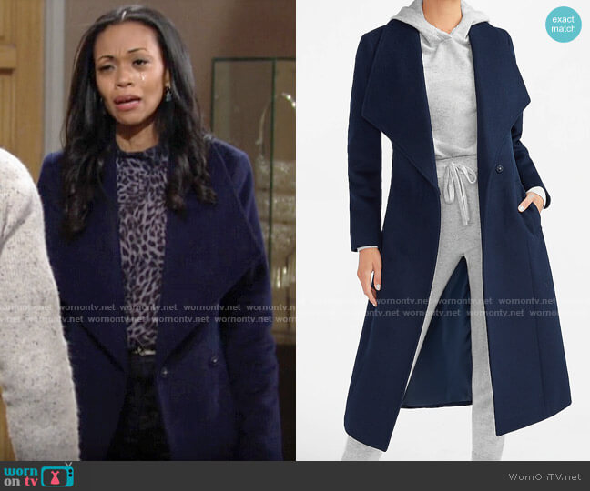 Express Wool-Blend Belted Shawl Collar Wrap Coat in Dark Blue worn by Amanda Sinclair (Mishael Morgan) on The Young and the Restless