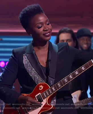 Folake Olowofoyeku’s black embellished fringe blazer on The Kelly Clarkson Show