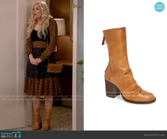 Free People Elle Boot in Taupe Leather worn by Gemma (Beth Behrs) on The Neighborhood