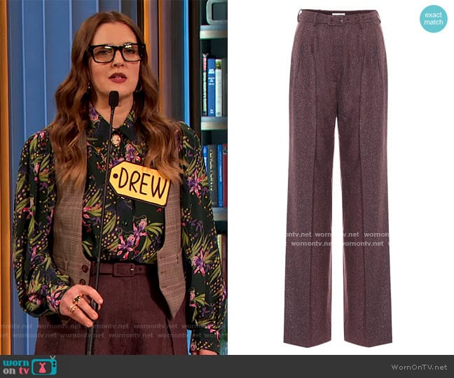 Gabriela Hearst Vargas high-rise straight pants worn by Drew Barrymore on The Drew Barrymore Show