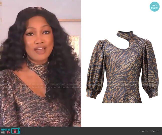 Ganni Tiger-Print Puff-Sleeve Lurex-Knit Top worn by Garcelle Beauvais on The Real