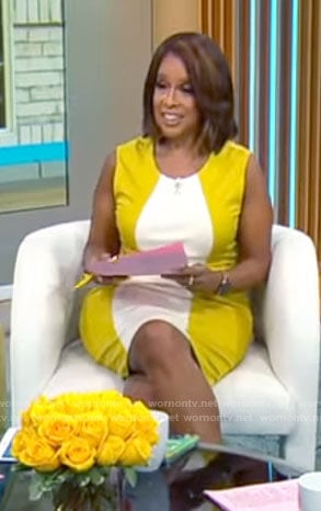 Gayle King’s yellow and white colorblock dress on CBS Mornings