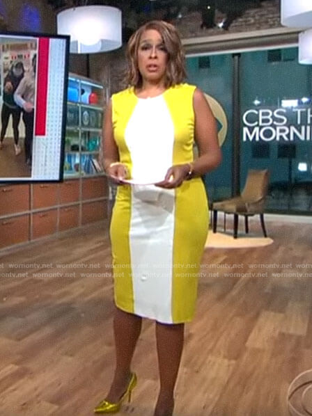 Gayle King’s yellow and white colorblock dress on CBS Mornings