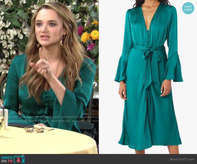 Ghost London Annabelle Dress in Emerald worn by Summer Newman (Hunter King) on The Young and the Restless